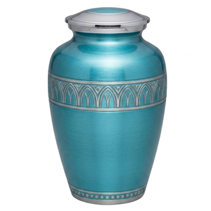 Hermosa urna de cremación personalizable para adultos, de aleación de plata grabada, con acabado en color aguamarina, de aluminio, para cenizas humanas. - Product Image 1