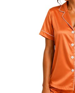 Ensemble de pyjama en satin orange personnalisé par le fabricant, vêtements de nuit en soie pour femmes, broderie florale, nœud, boutons, manches courtes, ensemble de vêtements de nuit - Product Image 3
