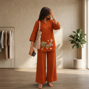 Ensemble Kurta en coton orange pour femme avec broderie montgolfière, tenue décontractée printemps-été pour le quotidien - Product Image 1