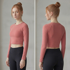 Haut court de yoga et fitness pour femme, col rond, manches longues, débardeur court, vêtement de sport pour femme, tee-shirt court, haut d'entraînement pour femme - Product Image 6