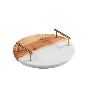 Bandeja de Comedor Redonda de Lujo al por Mayor de Mármol y Madera, Plato de Servicio para Hoteles y Restaurantes, Vajilla Elegante con Asa Dorada - Product Image 5
