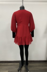 Red V-Neck <b>Chiffon</b> Mini <b>Dress</b> With Bubble Sleeves And Ruffle Hem A-Line <b>Wrap</b> Front Casual Summer <b>Dress</b> - Product Image 2