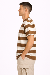Camiseta de cuello redondo a rayas para hombre Heritage Brown, camiseta informal de algodón suave, esencial para el verano, de manga corta, ofrece comodidad duradera - Product Image 2