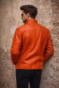 Veste en cuir véritable pour homme, orange, effet croco, col montant, fermeture éclair sur le devant, coupe ajustée, style automne - Product Image 6