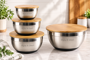 Stainless Steel <b>Mixing</b> Serving <b>Bowl</b> <b>With</b> Bamboo <b>Lid</b> Polished Fruit Salad <b>Bowl</b> for Kitchen Counter - Product Image 2