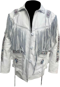 Men’s Western White Fringe Leather Jacket Retro Cowboy Tassel <b>Coat</b> with Braided <b>Stitch</b> Design Wholesale Manufacturer - Product Image 5