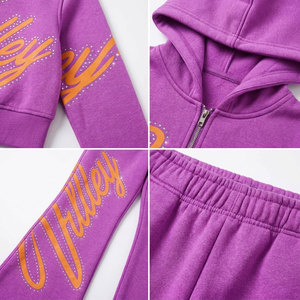 Survêtement violet à capuche pour femme, fermeture éclair intégrale avec poches latérales, motif lettres imprimé par transfert thermique, style décontracté - Product Image 6