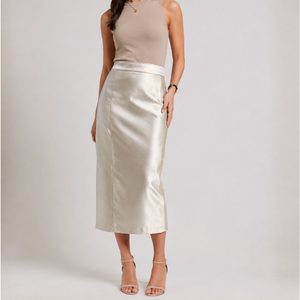 Falda Midi de Cuero Metálico Color Champán para Mujer, Falda Lápiz de Cuero Real Brillante Dorado, Falda Elegante de Cintura Alta para Invitadas de Boda - Product Image 1