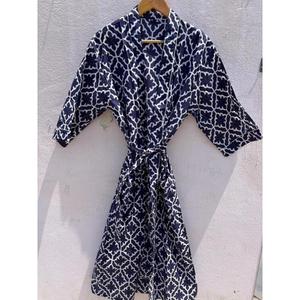 Bata Kimono de Algodón para Mujer, Azul con Estampado de Bloques, Hecha a Mano, Estilo Boho, para Descansar, Dormir o Regalo - Product Image 1