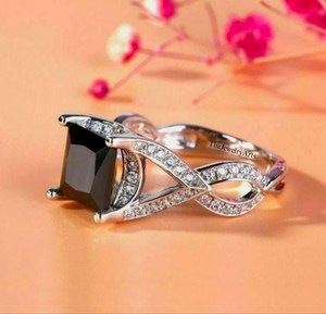 Bague de fiançailles en onyx noir véritable taille princesse pour femme, en argent sterling 925, bijou de mariée vintage, cadeau - Product Image 4