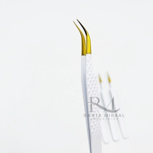 Pinzas de acero inoxidable para extensión de pestañas con punta de color plasma dorado y color blanco polvo, puntas regulares. - Product Image 4
