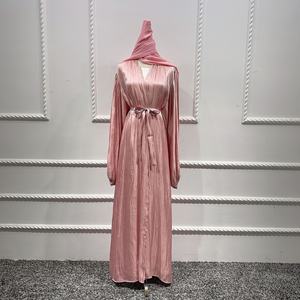 Robe d'été élégante, arabe, islamique, hijab pour femmes Dubaï, tissu de soie imité, abaya ouverte brodée plissée pour la fête de l'Aïd - Product Image 5