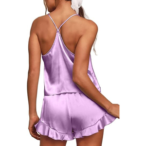 Ensemble de pyjama en satin, col en V, sans manches, short, vêtements de nuit, couleur unie, violet, vêtements de nuit d'été, taille élastique lisse - Product Image 2