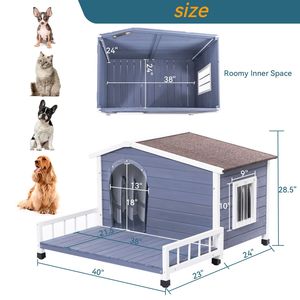 Gran Casa de perro de madera abierta impermeable techo de asfalto Interior Exterior terraza suelo elevado ventanas puerta cortinas para pequeño mediano - Product Image 2
