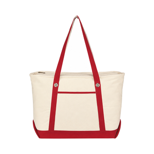 Grand sac fourre-tout en toile crème avec sangles rouges, poche avant zippée, poignée d'épaule, idéal pour le voyage, personnalisable avec broderie, réutilisable, cadeau - Product Image 2