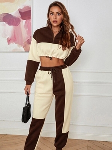 Ensemble de survêtement pour femme, sweat-shirt court à blocs de couleur, manches longues, coupe ample, vêtements décontractés avec poches, vêtements de sport pour toutes les saisons - Product Image 4