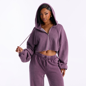 Women's Acid Wash Purple Pleated Fleece 2-Piece Tracksuit Zipper Cropped Hoodie Jogger Pants Stretch Pullover Long Sleeve <b>Sets</b> - Product Image 3