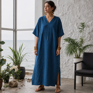 Women Oversized Cotton Linen Maxi <b>Kaftan</b> Dress V Neck Loose Fit Solid Boho Casual Beach Resort Lounge <b>Summer</b> Long Tunic Dress - Product Image 4