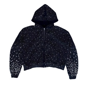 Sweat à capuche zippé noir 2026 avec strass, sweat à capuche streetwear scintillant en cristal, sweat à capuche décontracté 100 % coton à épaules tombantes unisexe - Product Image 1