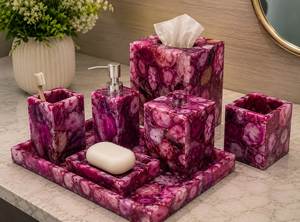 ชุดอุปกรณ์ห้องน้ำเรซิ่นหรูหรา 6 ชิ้น ที่ใส่สบู่ ที่วางแปรงสีฟัน กล่องใส่กระดาษทิชชู่ ถาด ดีไซน์ลายหินอ่อนสีม่วง ทำความสะอาดง่าย - Product Image 1