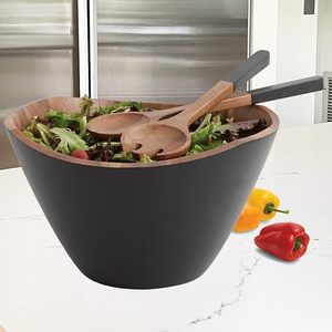 Modern Black Wooden Salad Bowl with Acacia Wood Salad Server Set Handmade Large Serving Bowl for Kitchen Dining Table - Product Image 4