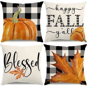 Fodere per cuscini autunnali 18x18 per il Ringraziamento, decorazioni rustiche e cuscini decorativi, motivo a quadri Buffalo, zucca, foglia d'acero, decorazioni per esterni - Product Image 1