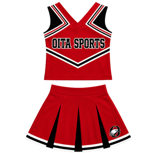 Ensemble uniforme de cheerleading rouge, noir et blanc, haut court sans manches à col en V, jupe plissée, tenue de danse pour équipe de cheerleading - Product Image 1