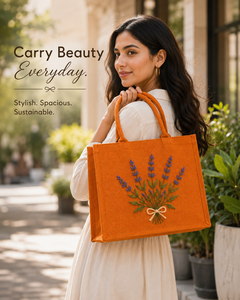 Sac fourre-tout en jute orange avec broderie lavande, style bohème, doublure en coton - Sac de voyage et de plage, sac de shopping - Product Image 4