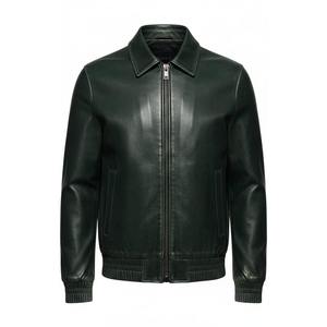 Chaqueta Bomber de Cuero Genuino para Hombre, Verde Oscuro, con Cierre, Cuello Alto, Corte Regular, Estilo Casual de Invierno - Product Image 1