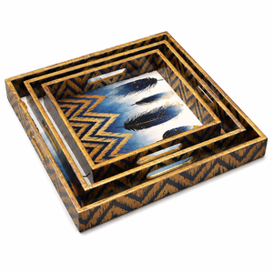 Ensemble de 3 plateaux de service en bois faits à la main – Plateaux décoratifs imprimés or pour la table et la décoration intérieure - Product Image 2
