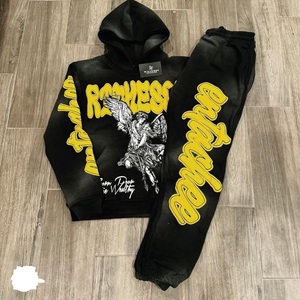 Ensemble de survêtement pour homme en molleton bouclette 100% coton, grammage lourd, style vintage, délavé à l'acide et effet soleil, avec impression DTG (pantalon de survêtement et sweat à capuche) - Product Image 3