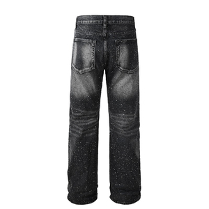 Jeans de mezclilla holgados, desgastados y rotos con pedrería, estilo vintage, lavados, transpirables, estilo urbano, apilados, tipo biker, elásticos, para 4 estaciones - Product Image 3