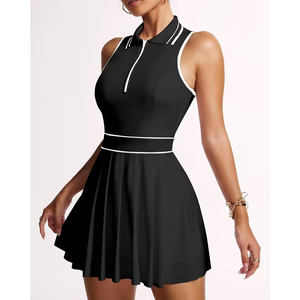 Robe de tennis polo pour femme, robe athlétique color-block avec fermeture éclair mi-longue, style unique - Product Image 1