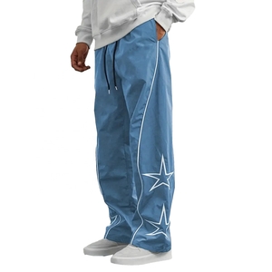 Pantalon de survêtement bleu pour homme avec imprimé étoiles blanches, taille élastique et cordon de serrage, pantalon décontracté - Product Image 1