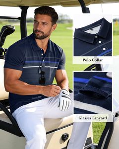 Polo à manches courtes en tricot rayé pour homme, design respirant décontracté, coupe classique, faible MOQ, polos pour homme - Product Image 4