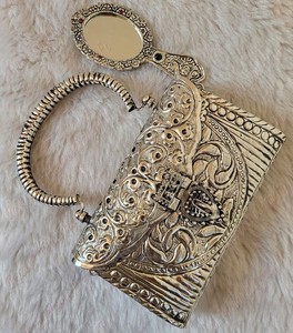 Antique Metal Storage Bag Traditional Embossed <b>Clutch</b> Purse Handmade <b>Silver</b> Brass Carved Evening Bag Bridal Wedding Handbag - Product Image 6