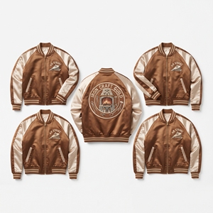 Wholesale Satin Bomber Jacket Chestnut Brown Ivory Watermill Embroidered Varsity <b>Coat</b> Front Zip Outerwear Direct Factory - Product Image 4