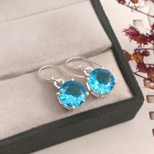 925 Sterling Silver Gold Plated <b>Blue</b> Topaz Round Gemstone <b>Stud</b> <b>Earrings</b> Handmade Luxury Women's Party Gift Wholesale - Product Image 2