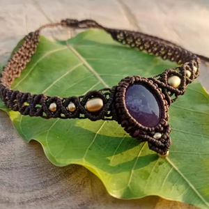 สร้อยคอคริสตัลบำบัดรูปทรงลูกบอลทำมือแบบคลาสสิกประดับด้วยเชือกถักสีน้ำตาลและโซ่ไม้ไผ่ - Product Image 1