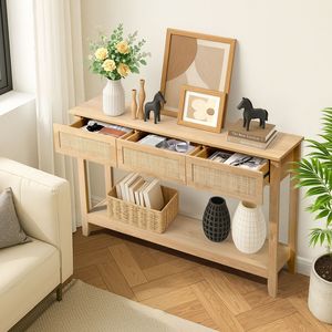 Consolle Boho in Rattan con 3 Cassetti e Ripiano Aperto, Tavolo Lungo e Stretto per Ingresso e Corridoio - Product Image 5