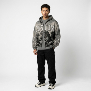 Sweat à capuche zippé streetwear entièrement personnalisé, finition délavée vintage, imprimé graphique, orné de strass, effet vieilli, en coton épais, unisexe - Product Image 5
