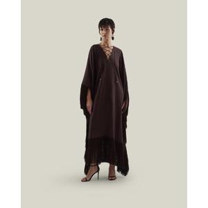 Caftán Negro Elegante Hecho a Mano con Cuello en V, Manga Larga, Detalle de Borlas Asimétricas, Tela de Algodón, Largo hasta el Suelo, para Fiestas, para Todas las Temporadas - Product Image 1