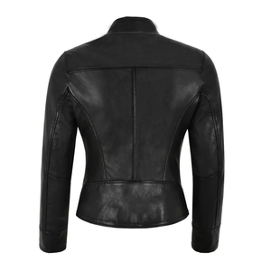 Women's Black Genuine <b>Leather</b> Moto <b>Jacket</b> Full Sleeve Stand Collar Zipper Closure Autumn Style - Product Image 1