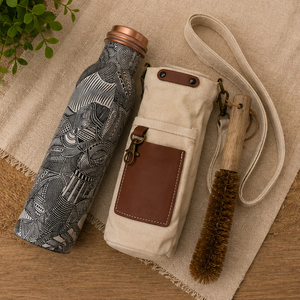 Artisanal Doodle Printed Copper Hydration Vessel With <b>Brush</b> Eco-friendly Portable Multi-Use Home Use with Coaster Lids - Product Image 1