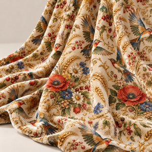 Tela de Tapicería con Estampado de Aves y Flores, Fondo Crema con Patrón de Amapola y Trigo, para Reupolstería de Sillas - Product Image 5