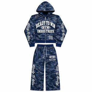 Conjunto Deportivo Azul Camuflaje Ready To Win Industries, Sudadera con Cremallera Completa y Pantalones Deportivos, Ropa Urbana Unisex para Otoño - Product Image 1