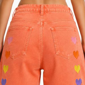 Short en jean pour femme, taille haute, coupe ample, ourlet retroussé, en coton, brodé motif cœur arc-en-ciel orange corail, style décontracté, mode estivale - Product Image 6