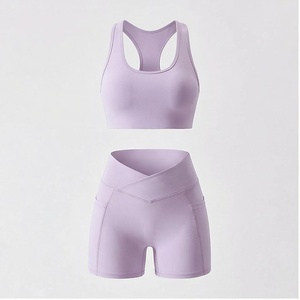 Lavender 2 Piece Yoga Set Racerback Crop <b>Top</b> High Waist Shorts Seamless Breathable Sportswear - Product Image 1