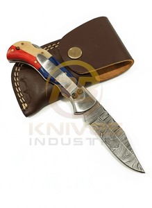 Damascus Steel Hunting <b>Knife</b> Drop Point Blade Red Blue <b>Handle</b> Brass Bolster 7 Inch Overall Camping Outdoor Use - Product Image 2