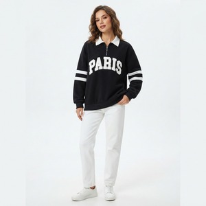 Sweat-shirt à manches longues pour femme, vert crème à carreaux, avec fermeture éclair quart de tour, imprimé lettres floquées, style preppy, pour l'automne - Product Image 2